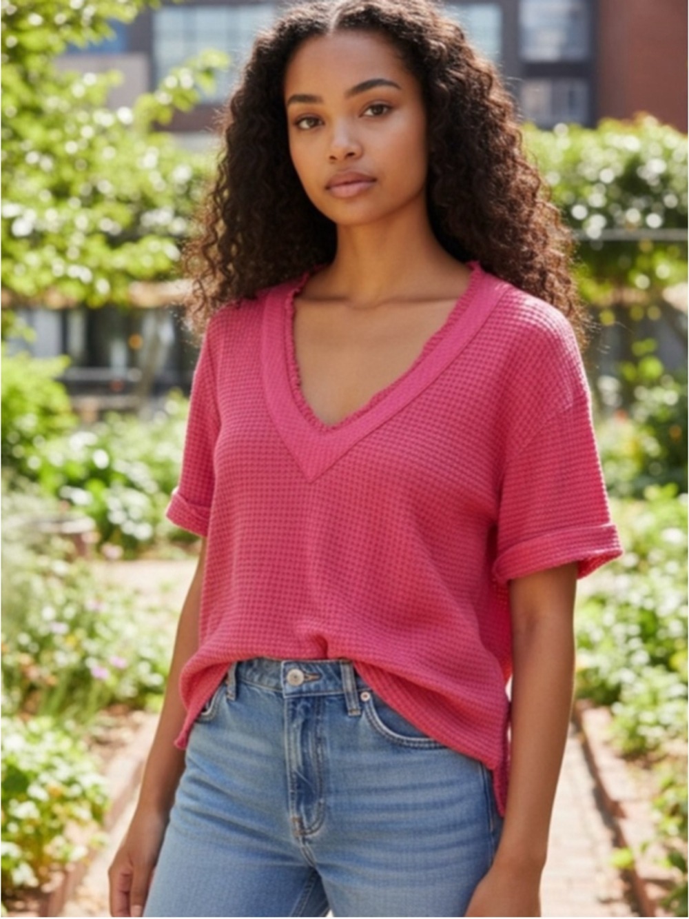 POL Waffle Knit V-Neck Top Size S 19.5” (PTP) Dark Pink